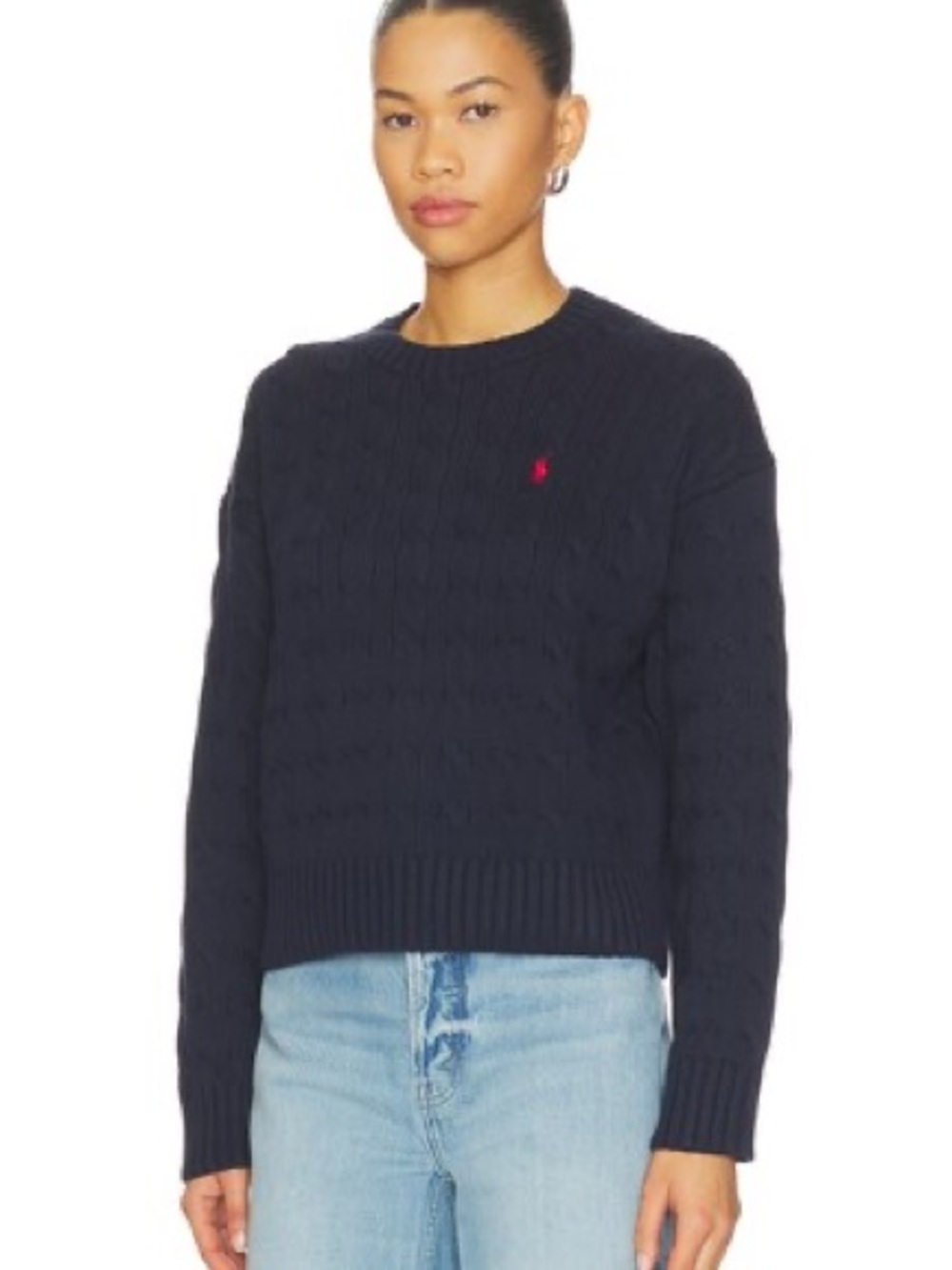 Polo by Ralph Lauren Navy Cable-Knit Crewneck Sweater with Red Pony - Picture 2 of 7